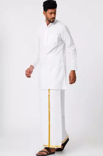 White plain cotton kurta veshti set - mandarin collar straight kurta with golden zari dhoti