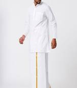 White plain cotton kurta veshti set - mandarin collar straight kurta with golden zari dhoti