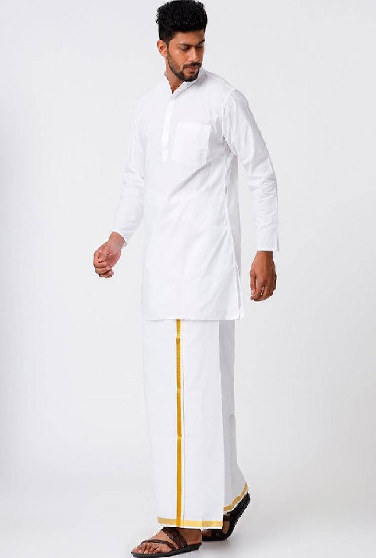 White plain cotton kurta veshti set - mandarin collar straight kurta with golden zari dhoti