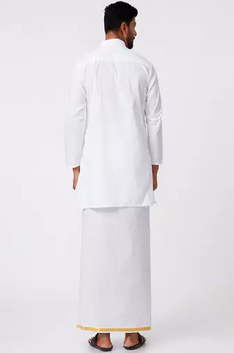 White plain cotton kurta veshti set - mandarin collar straight kurta with golden zari dhoti