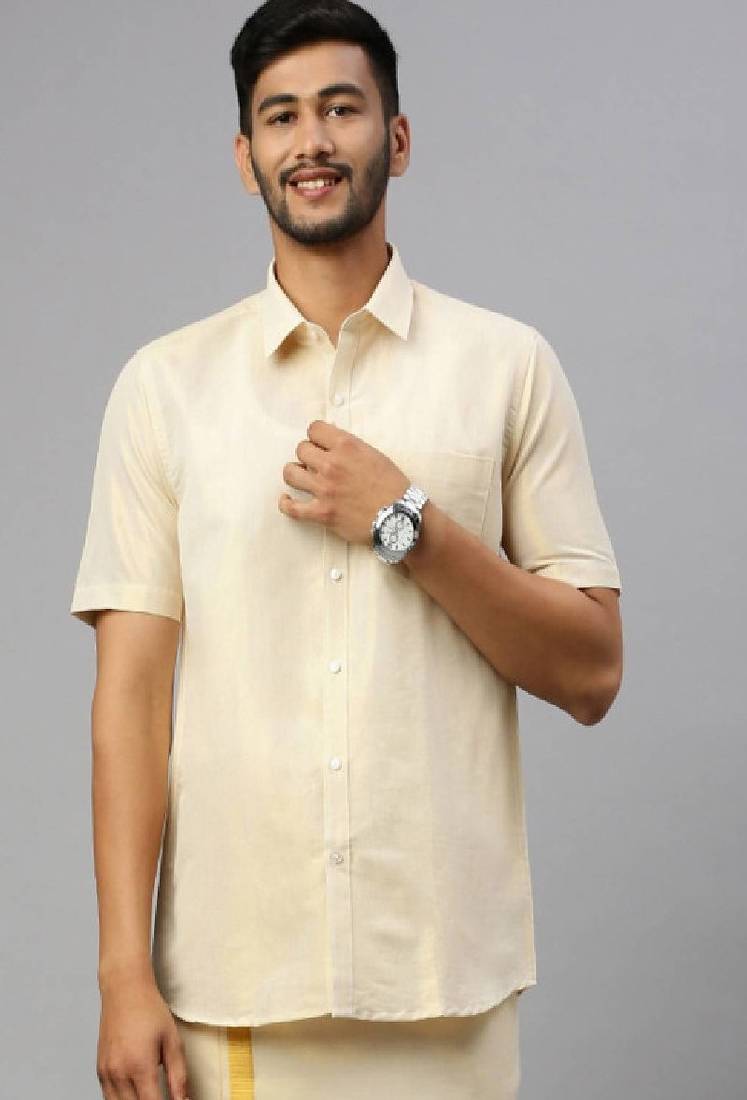 Beige plain cotton classic men shirt