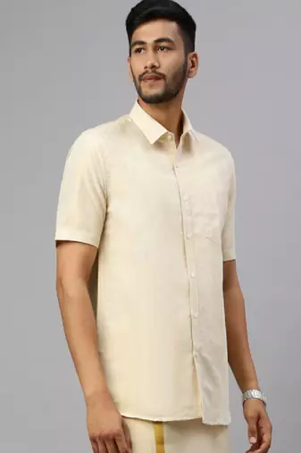 Beige plain cotton classic men shirt