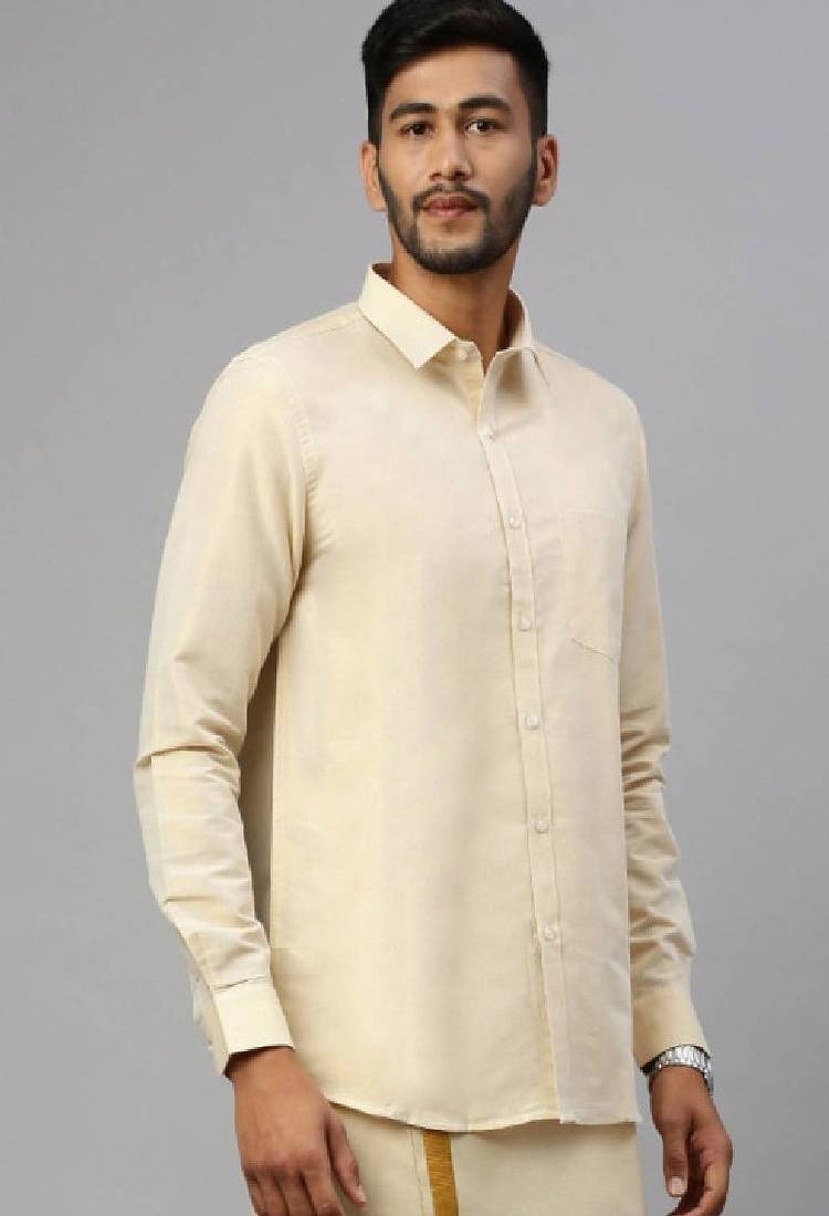 Beige plain cotton classic shirt - men-shirts
