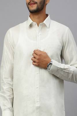 white plain cotton blend men's shirt and veshti dhoti set 2