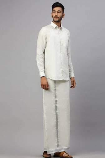 White plain cotton blend shirt & veshti - dhoti