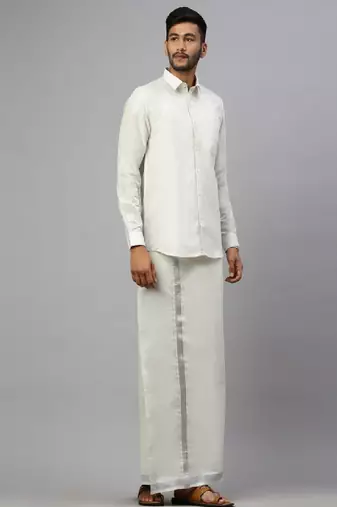 White plain cotton blend shirt & veshti - dhoti