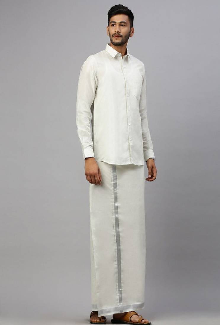 White plain cotton blend shirt & veshti - dhoti