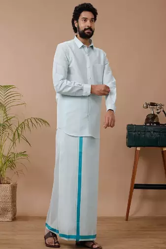 Green shirt dhoti cotton blend dhoti-kurta set