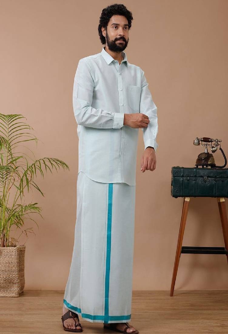 Green shirt dhoti cotton blend dhoti-kurta set