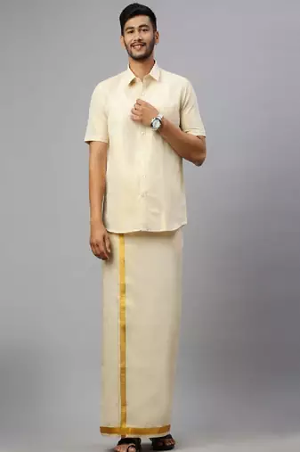 Ramraj men gold plain cotton blend shirt dhoti