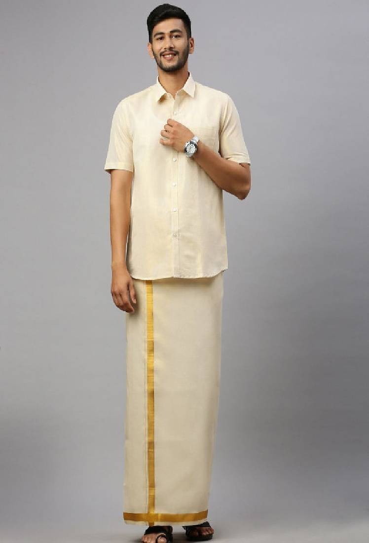 Ramraj men gold plain cotton blend shirt dhoti