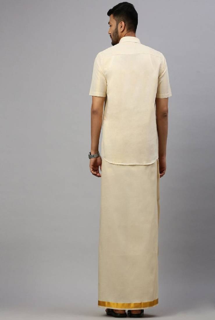 Ramraj men gold plain cotton blend shirt dhoti