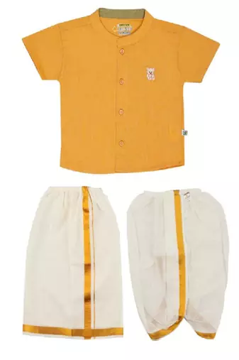 Yellow shirt cotton blend short sleeves mandarin collar infant kurta pajama
