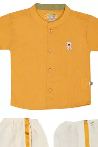 Yellow shirt cotton blend short sleeves mandarin collar infant kurta pajama