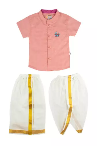 Pink plain cotton blend shirt veshti dhoti-kurta