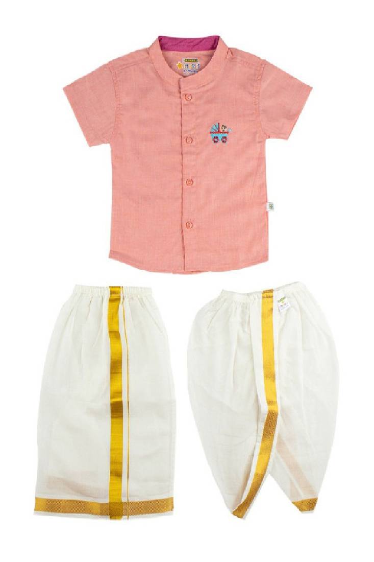 Pink plain cotton blend shirt veshti dhoti-kurta