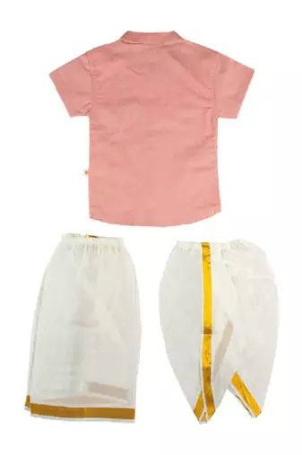Pink plain cotton blend shirt veshti dhoti-kurta
