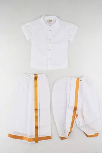 White cotton blend shirt veshti - ramraj newborn baby traditional set