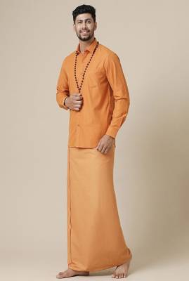 brown cotton blend men's shirt and dhoti outfit set 1