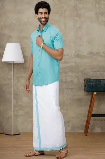 Blue shirt lungi set cotton blend 