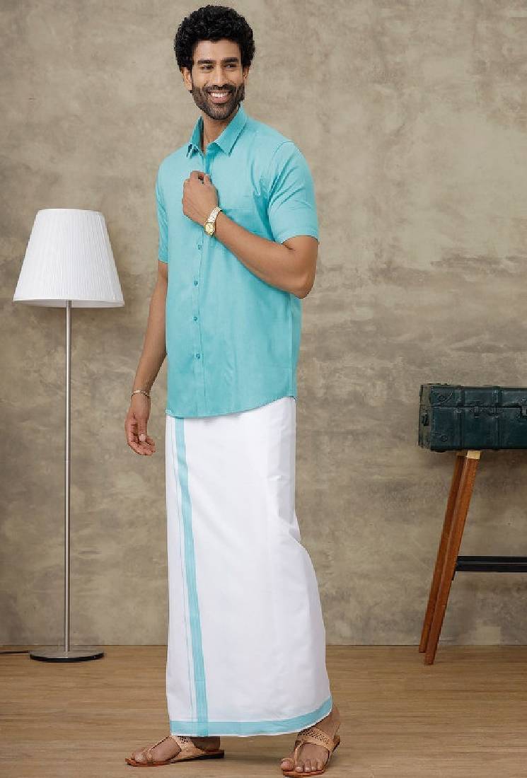 Blue shirt lungi set cotton blend 