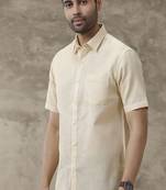 beige cotton men shirt with regular fit casual style