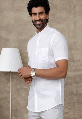white linen men's casual shirt with plain mandarin collar 1