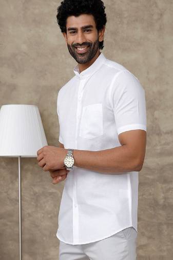 white linen men's casual shirt with plain mandarin collar