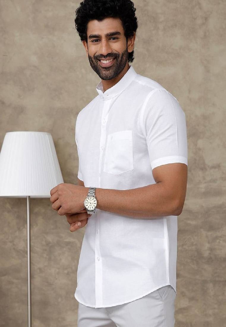 White plain linen shirt mandarin collar casual men shirts