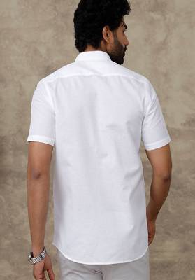 white linen men's casual shirt with plain mandarin collar 3