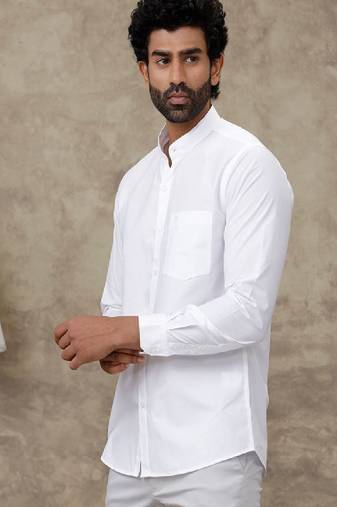 Men standard fit solid mandarin collar cotton casual shirt