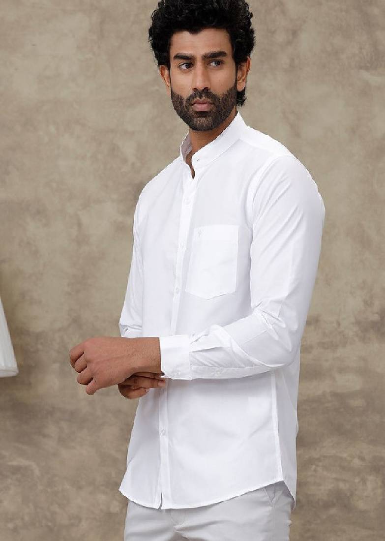 Men standard fit solid mandarin collar cotton casual shirt