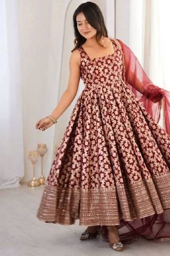 Maroon colour chanderi jacquard butti anarkali suit set with soft net dupatta