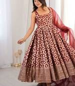 Maroon colour chanderi jacquard butti anarkali suit set with soft net dupatta