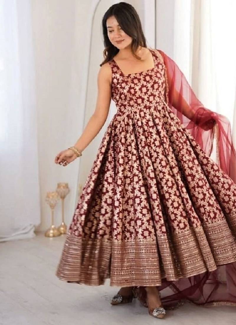 Maroon colour chanderi jacquard butti anarkali suit set with soft net dupatta