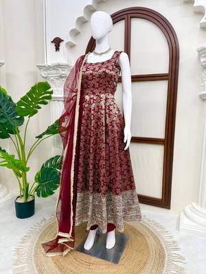 Maroon colour chanderi jacquard butti anarkali suit set with soft net dupatta 2