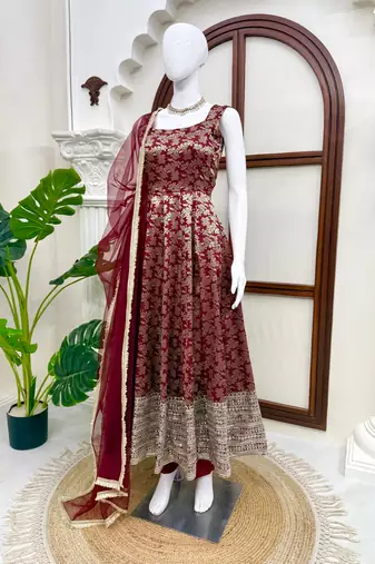 Maroon colour chanderi jacquard butti anarkali suit set with soft net dupatta