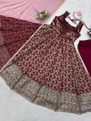 Maroon colour chanderi jacquard butti anarkali suit set with soft net dupatta 4