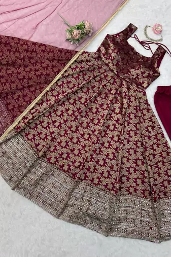 Maroon colour chanderi jacquard butti anarkali suit set with soft net dupatta