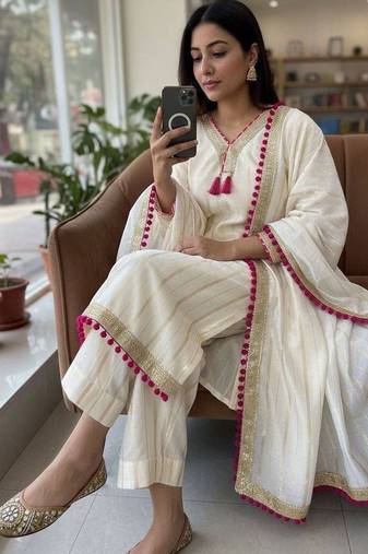 Cream colour  chanderi silk kurti pant set with lace work dupatta