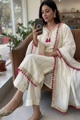 Cream colour  chanderi silk kurti pant set with lace work dupatta