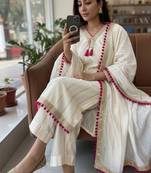 Cream colour  chanderi silk kurti pant set with lace work dupatta