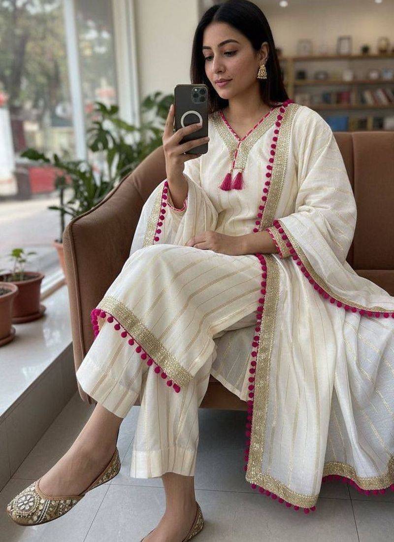 Cream colour  chanderi silk kurti pant set with lace work dupatta