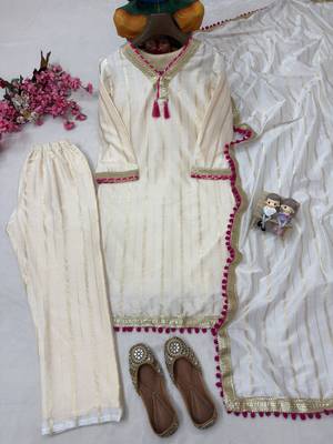 Cream colour  chanderi silk kurti pant set with lace work dupatta 2