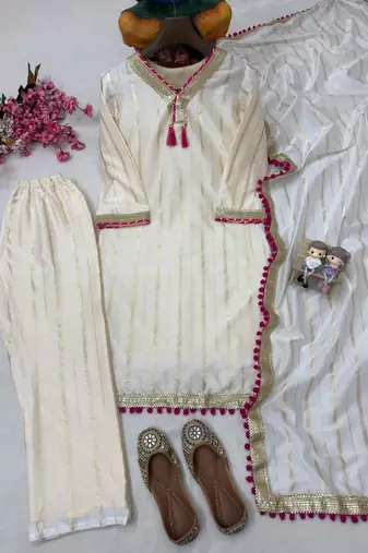 Cream colour  chanderi silk kurti pant set with lace work dupatta