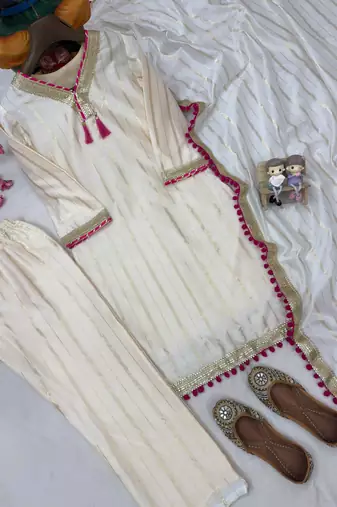 Cream colour  chanderi silk kurti pant set with lace work dupatta