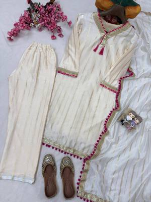 Cream colour  chanderi silk kurti pant set with lace work dupatta 4