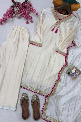 Cream colour  chanderi silk kurti pant set with lace work dupatta