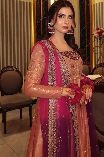 Coral colour fendy silk embroidered gown set with printed georgette dupatta