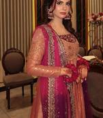 Coral colour fendy silk embroidered gown set with printed georgette dupatta